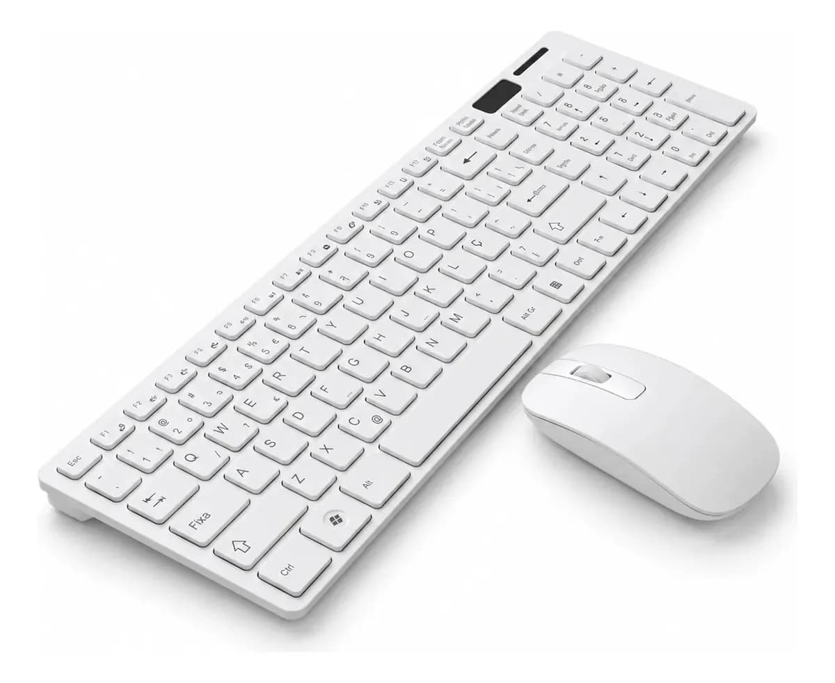 Kit Teclado e Mouse Sem Fio Branco Slim Ergonômico para Notebook e PC