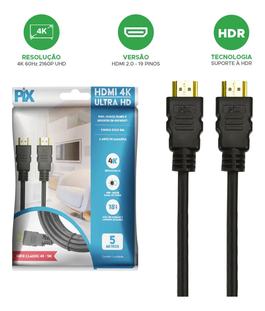 Cabo HDMI 8m 4K 2.0 Pinos 19 Preto Conector Ouro Pix 018-2228