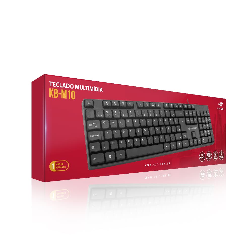 Teclado USB Multimídia KB-M10BK Preto C3Tech