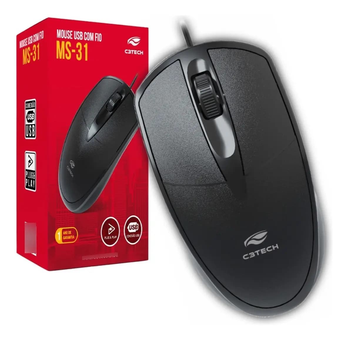 Mouse com Fio USB Óptico 3 Botões 1000 DPI C3Tech MS-31BK